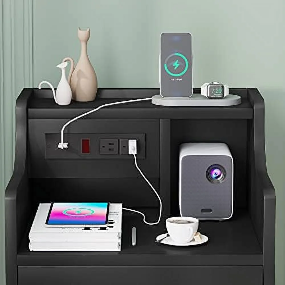 SJOINMB Nightstand with Charging Station  Night Stand with 3  Drawers  Bedside Table with Hutch  Modern End  for Bedroom White  14D x 17.7W x 26.8H in