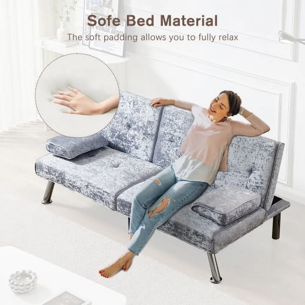 DremFaryoyo Convertible Sofa Bed Adjustable Couch Sleeper Modern Faux Leather Recliner Reversible Loveseat Folding Daybed Guest Bed  Removable Armrests  Cup Holders  3 Angles    Gray