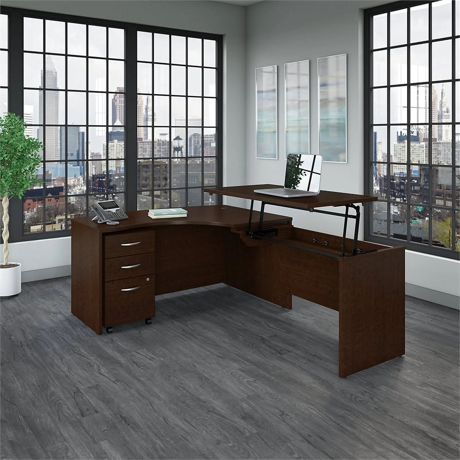 Scranton & Co Furniture 60W Right Sit to Stand L Shape Desk Office Set in Cherry