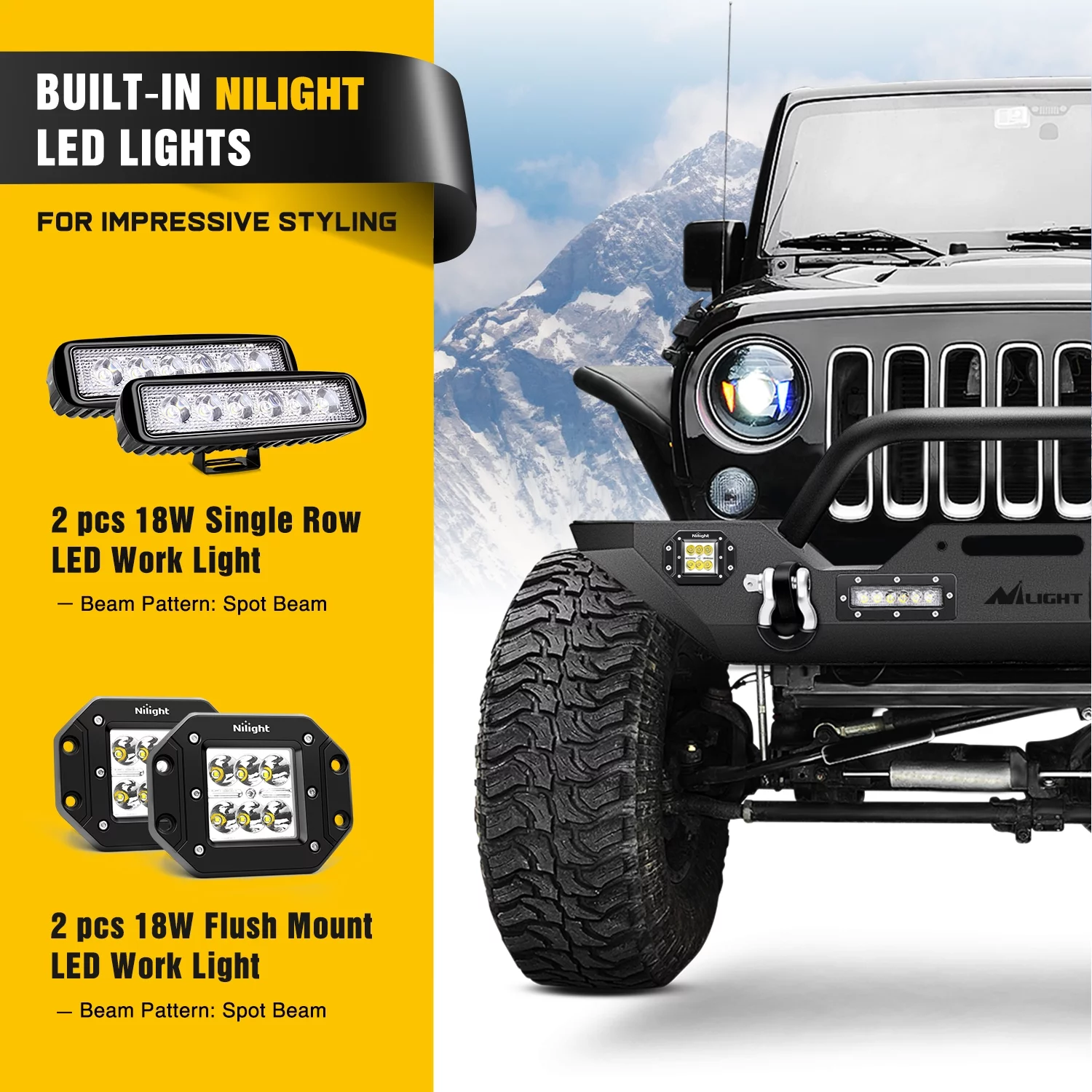 Nilight JK-51A Front Compatible for 07-18 Jeep Wrangler JK & Unlimited Rock Crawler Bumper with 4 x LED Lights, Winch Plate and 2 x D-Rings,Upgraded Textured Black,2 Years Warranty