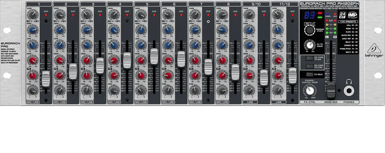 Behringer EURORACK PRO RX1202FX Premium 12-Input Mic/Line Rack Mixer w/ XENYX Mic Preamplifiers, British EQ's & Multi-FX Processor