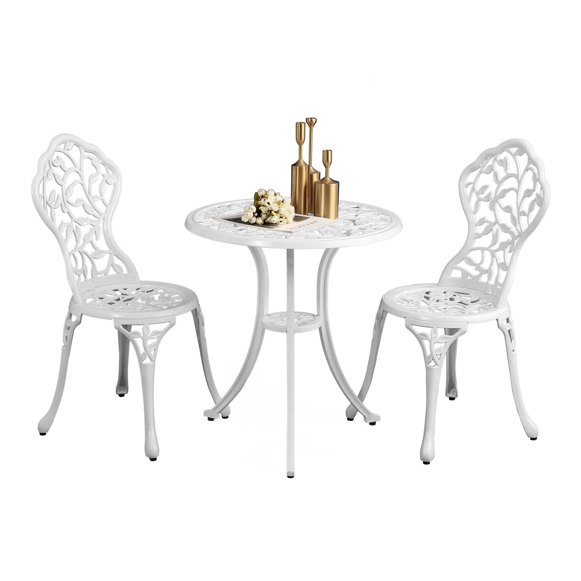 HOMEFUN Bistro Table Set, Outdoor Patio Set 3 Piece Table and Chairs, Aluminium Leaf Carving and Rust Weather Resistant-White