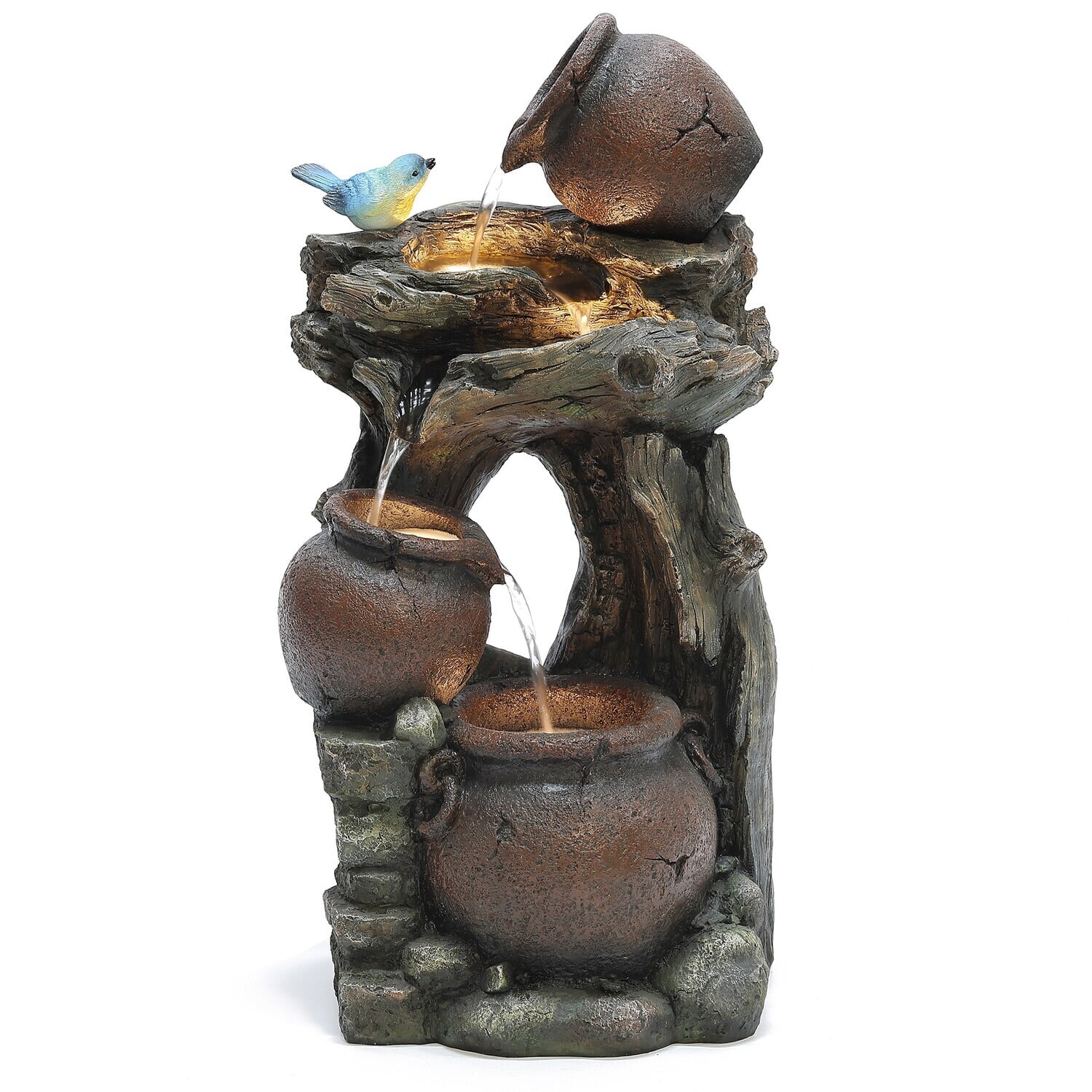 HomeStock Rustic Retreat Rustic Pots And Pitchers On Tree Resin Outdoor Fountain With Led Lights