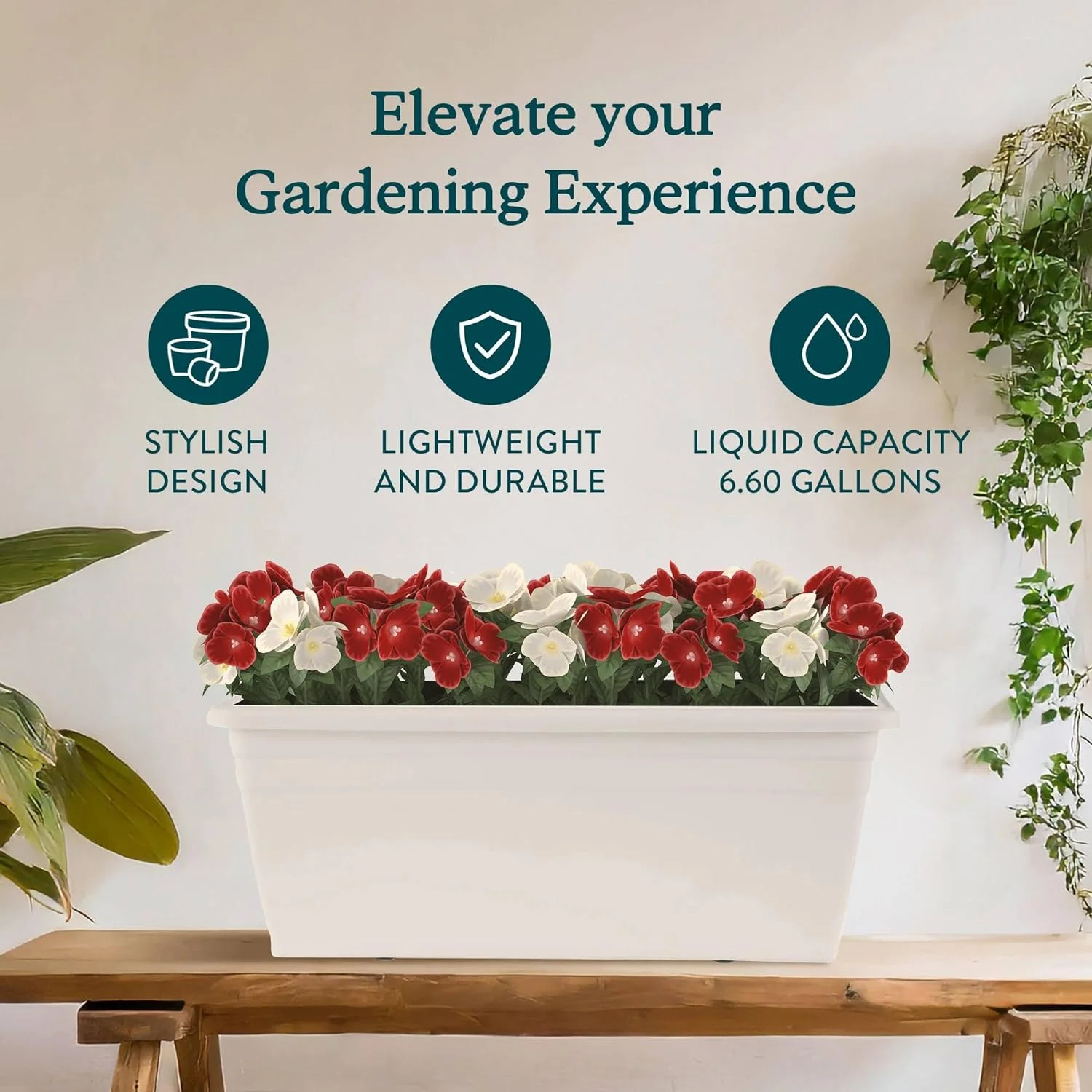 24 inches Deck Rail Box Planter with Easy Drainage Holes, Mounted Garden Flower Planter Boxes, White, Plastic, 4 Pack