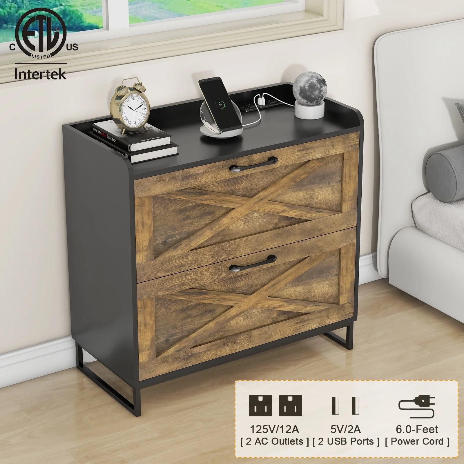 Vabches Brown Lateral File Cabinet with Charging Station for Letter/Legal/A4 Size Hanging Files