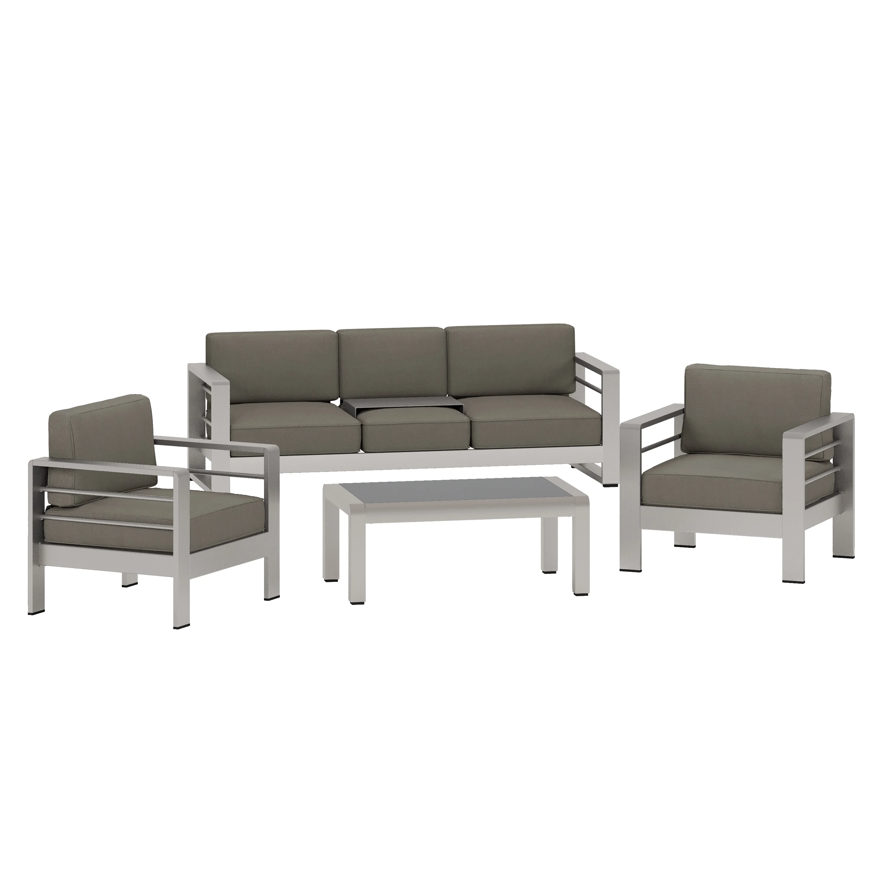 Gannon Outdoor 4 Piece Aluminum Chat Set with Cushions, Khaki