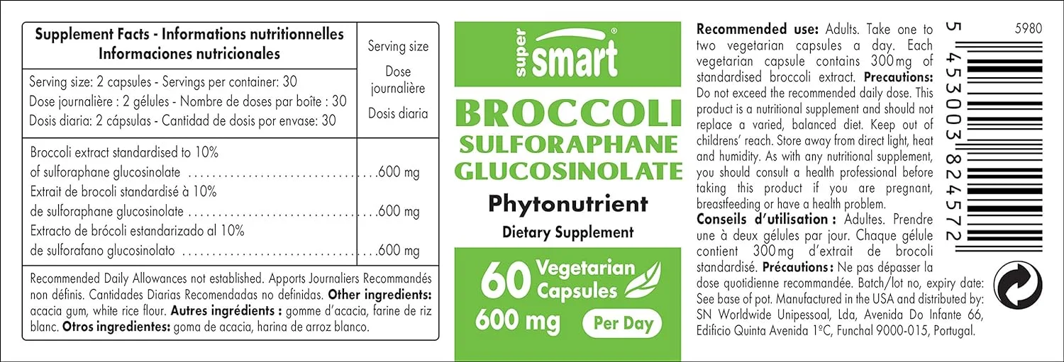 Supersmart - Broccoli Sulforaphane Glucosinolate 600mg per Day (High Strength) - 10% SGS with Myrosinase - Broccoli Supplement | Non-GMO & Gluten Free - 60 Vegetarian Capsules