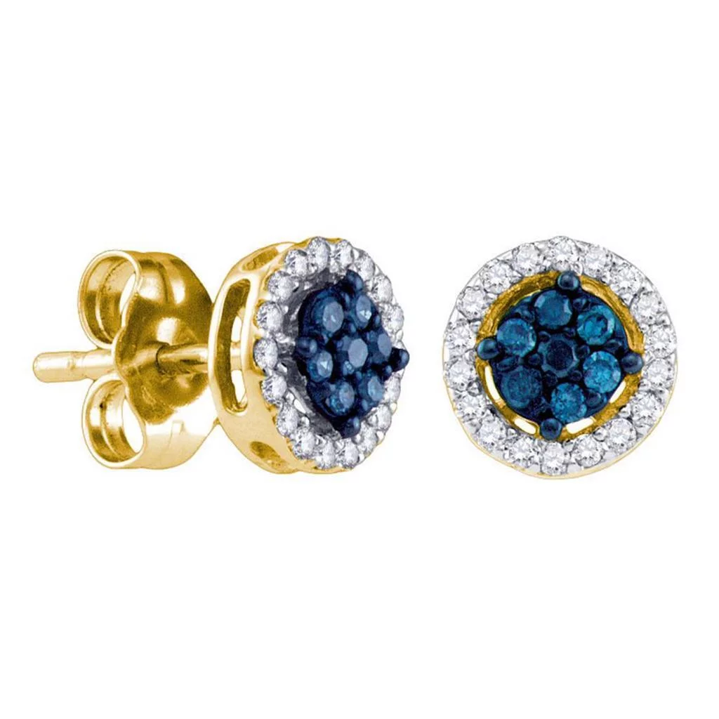 14k Yellow Gold Round Blue Diamond Cluster Stud Earrings 1/4 Cttw