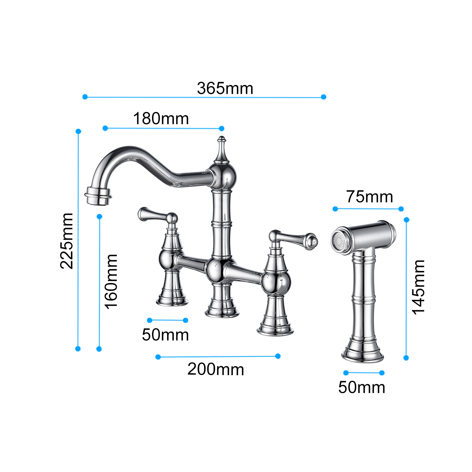 DremFaryoyo Bridge Dual Handles Kitchen Faucet With Pull-Out Side Spray in