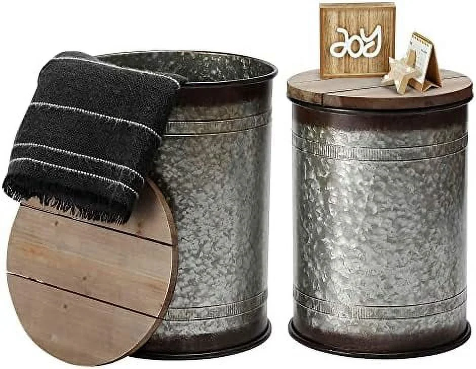 CHBGFV Rustic  Ottoman Seat Stool  Farmhouse    Antique Galvanized Metal End  Box Bin with Square Wooden Lid （Square&Galvanized）