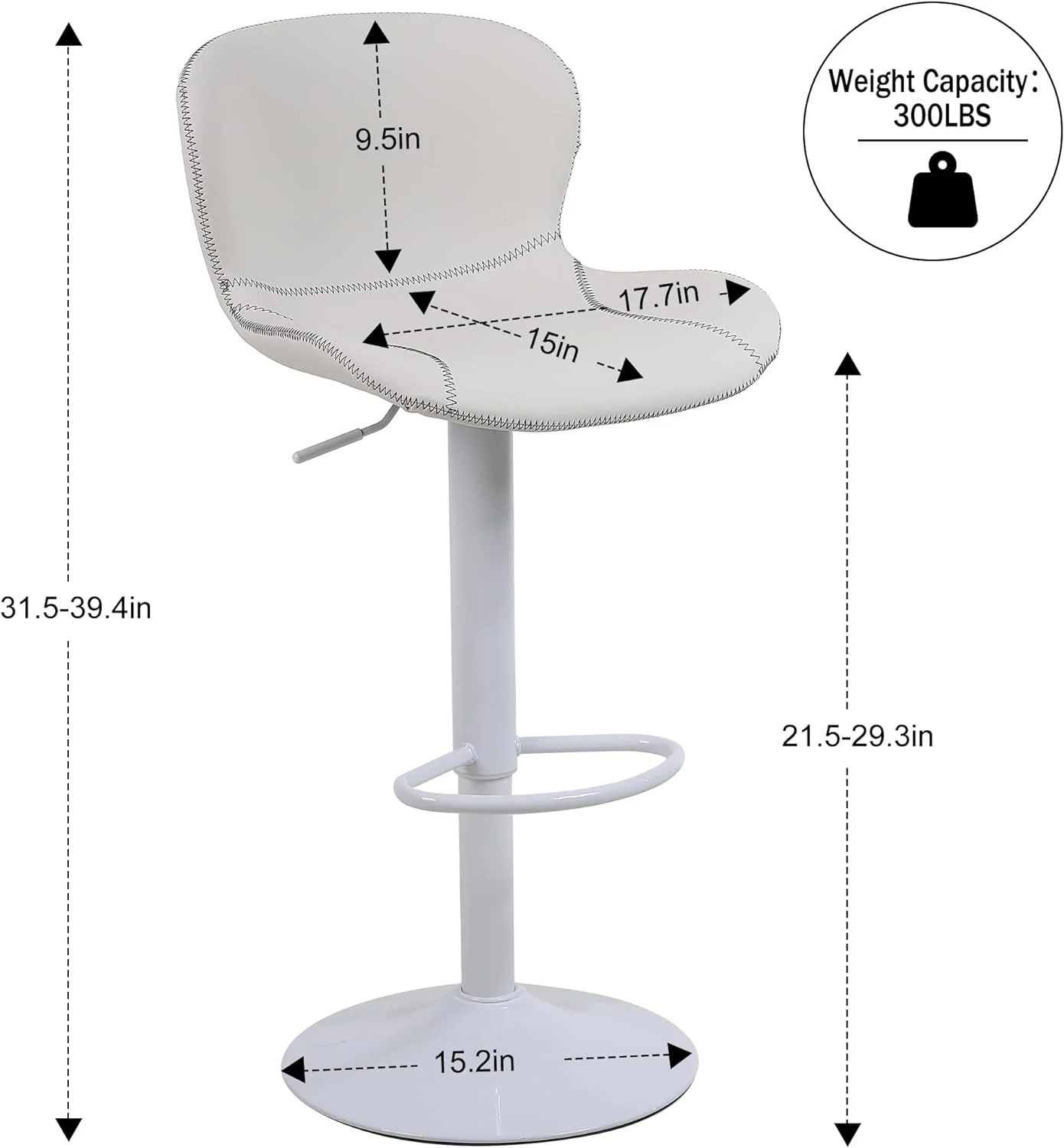 YILAN Bar Stools Set of 2, PU Leather Counter Height Barstools with Back, Height Adjustable Swivel Bar Chairs, Modern Armless Kitchen Island Stool, White