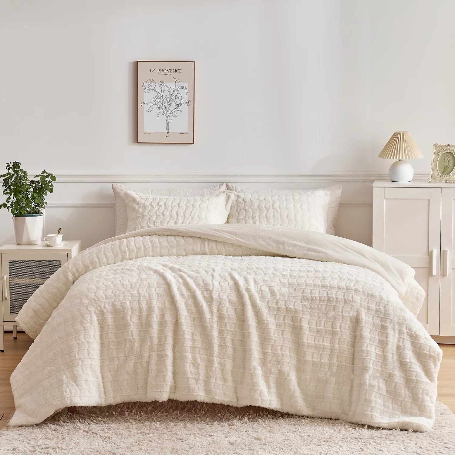 Wajade Faux Fur Duvet Cover Set 3 Piece Super Soft Fluffy Fuzzy Comforter Cover with 2 Pillow Shams Faux Rabbit Fur Bedding Set, Ivory, Full Size