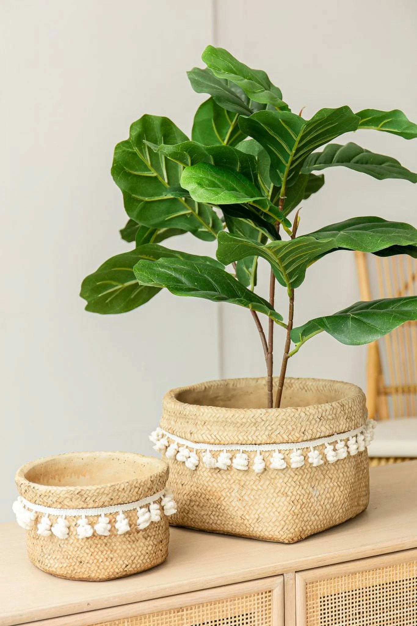 CC Home Furnishings Rustic Round Basket Planters with Tassel - 12.25