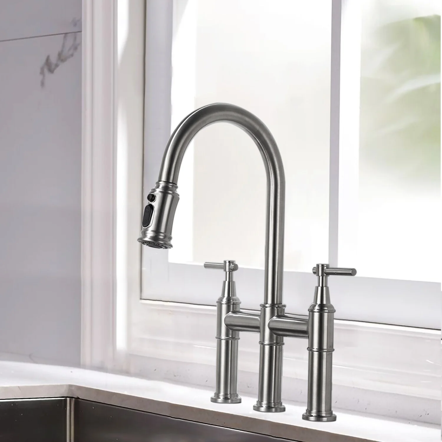 Topcraft Bridge Kitchen Faucet with Pull-Down Sprayhead