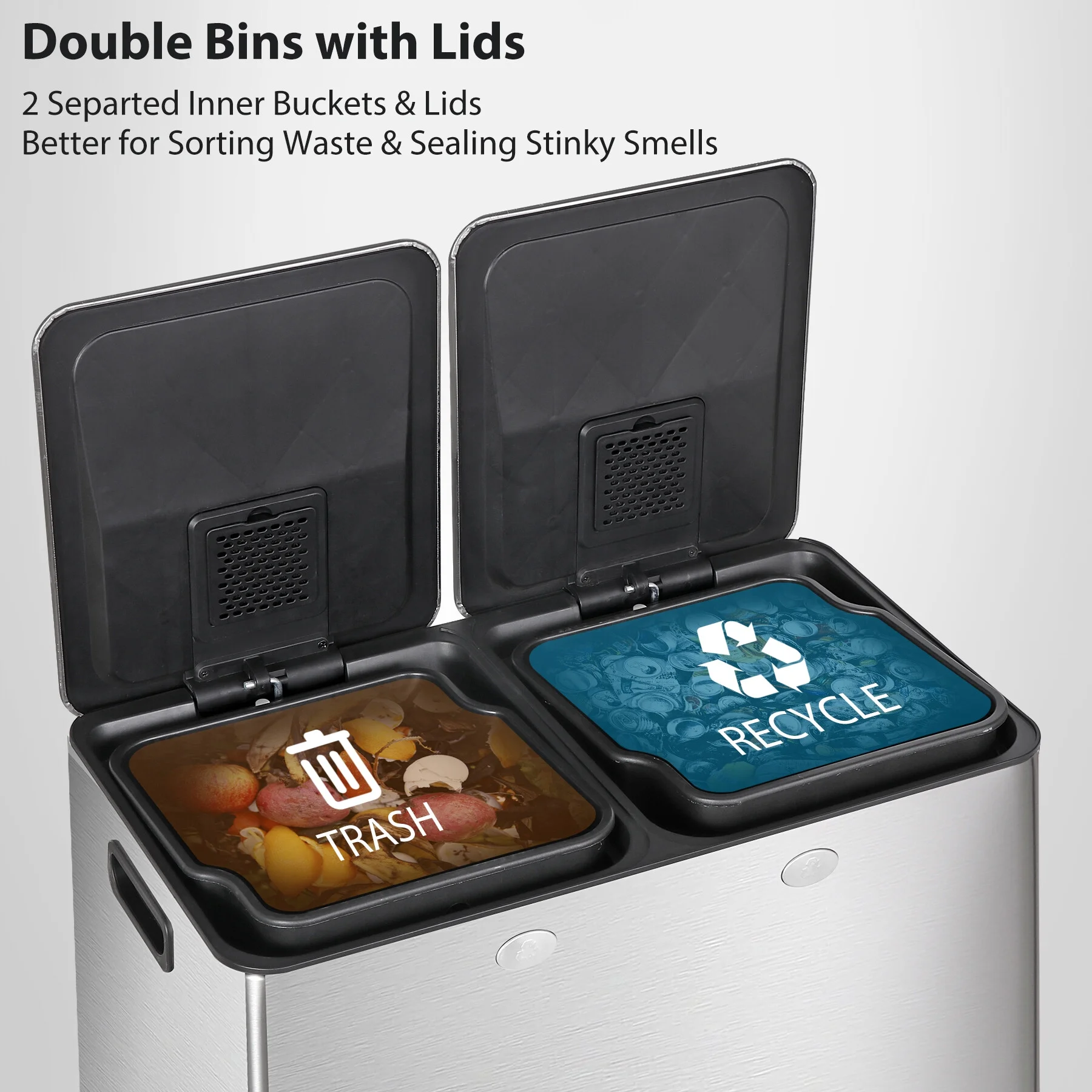 ZENSTYLE 2 x 8-Gallon Trash Can Stainless Steel Kitchen Garbage Can with Step Pedal - Silver