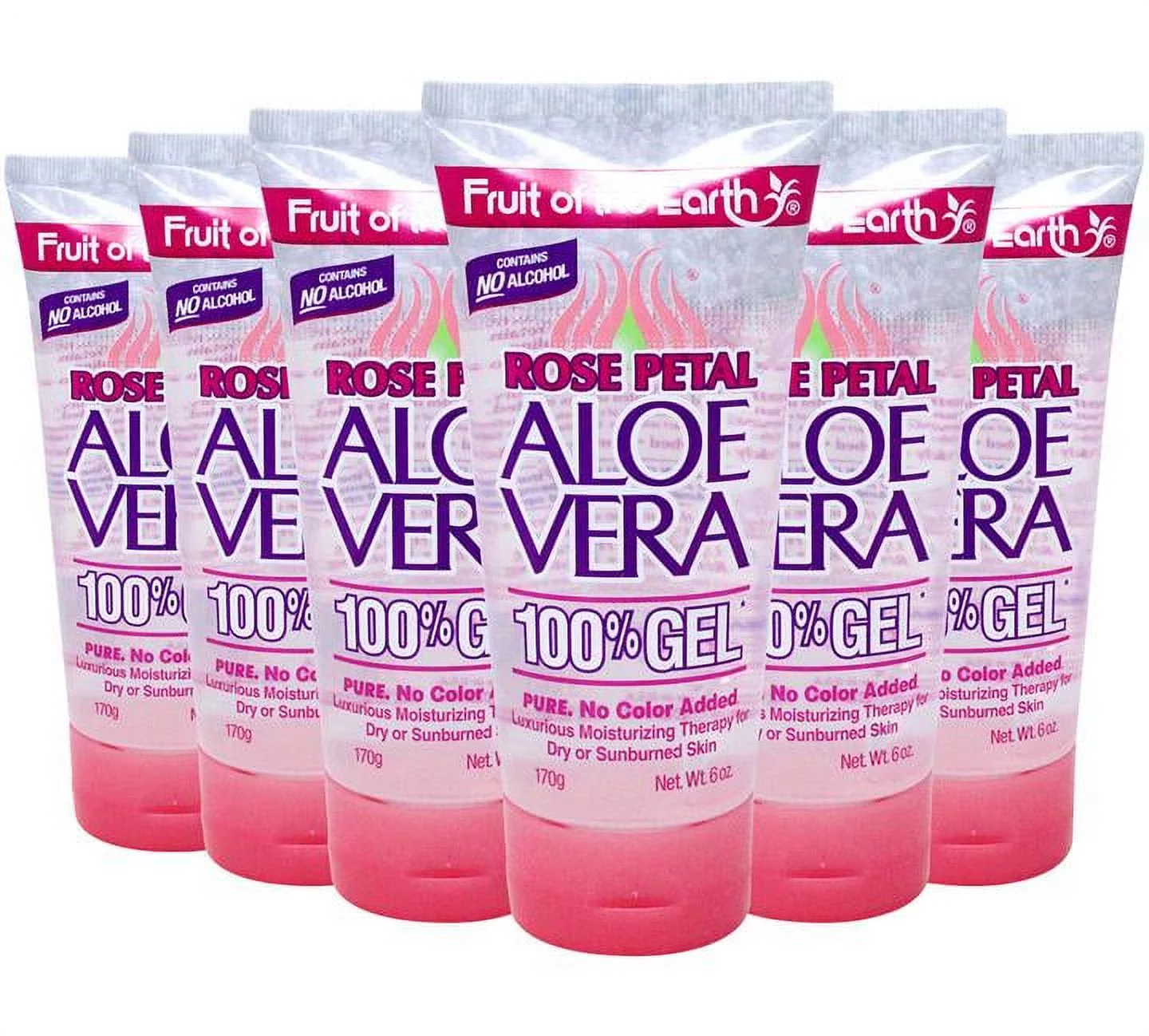 Fruit Of The Earth Aloe Vera 100% Gel With Rose Petal, For Dry Or Sunburned Skin, Alcohol Free, 6 oz. (Pack Of 6)