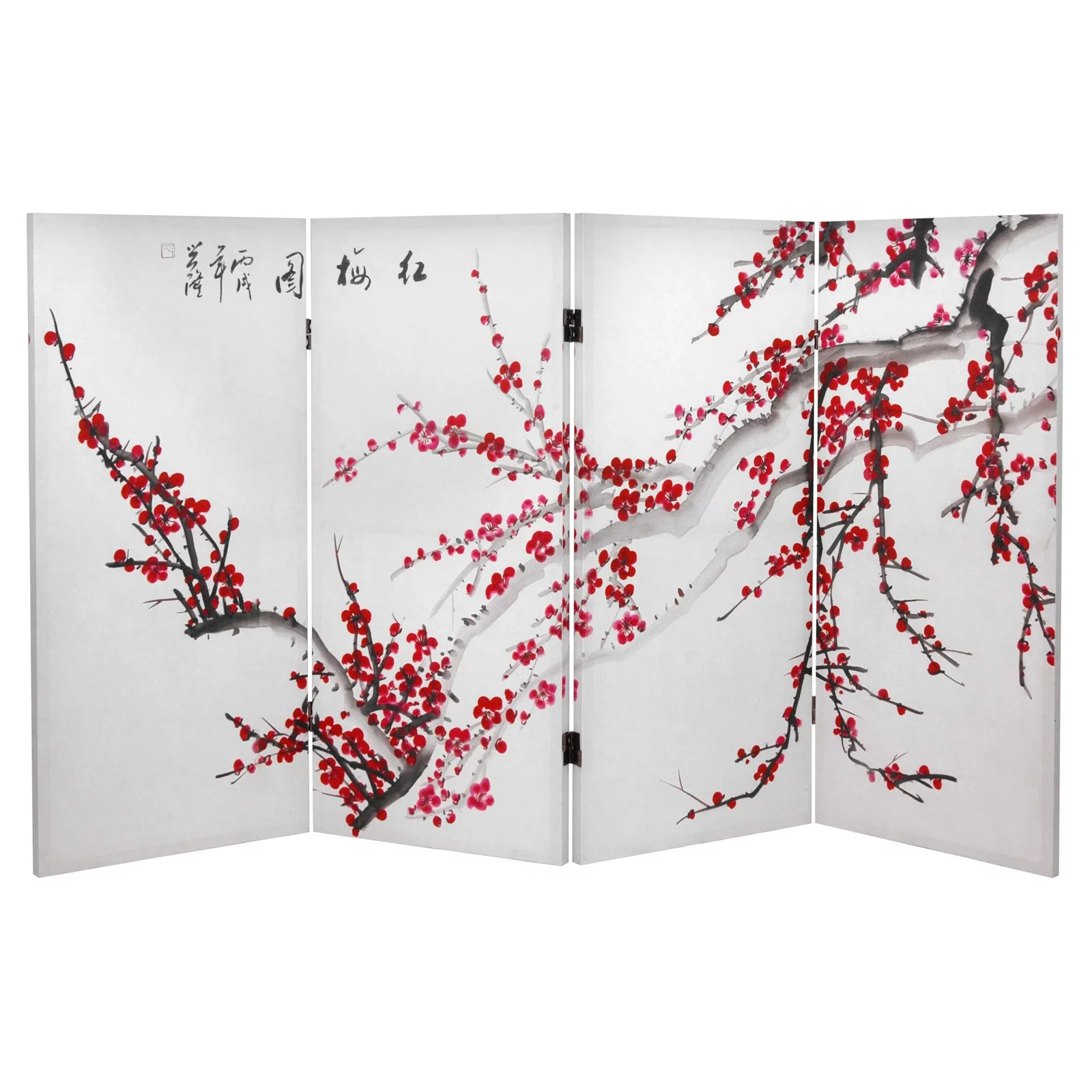 Oriental Furniture 3 ft. Tall Plum Blossom Canvas Room Divider - 4 Panel
