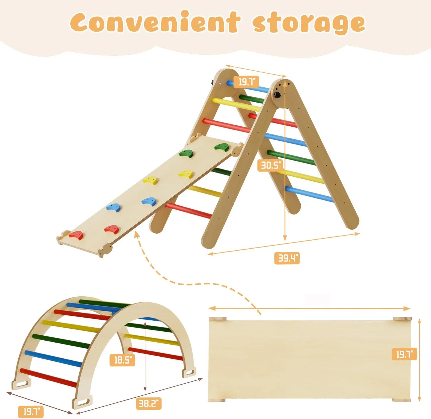 Climbing Toys for Toddlers Indoor: 5 in 1 Pikler Triangle Gym, Montessori Foldable Climber with Ramp for Kids, Jungle Gym with Sliding Ramp and Climbing Arch Ramp, Easy to Install