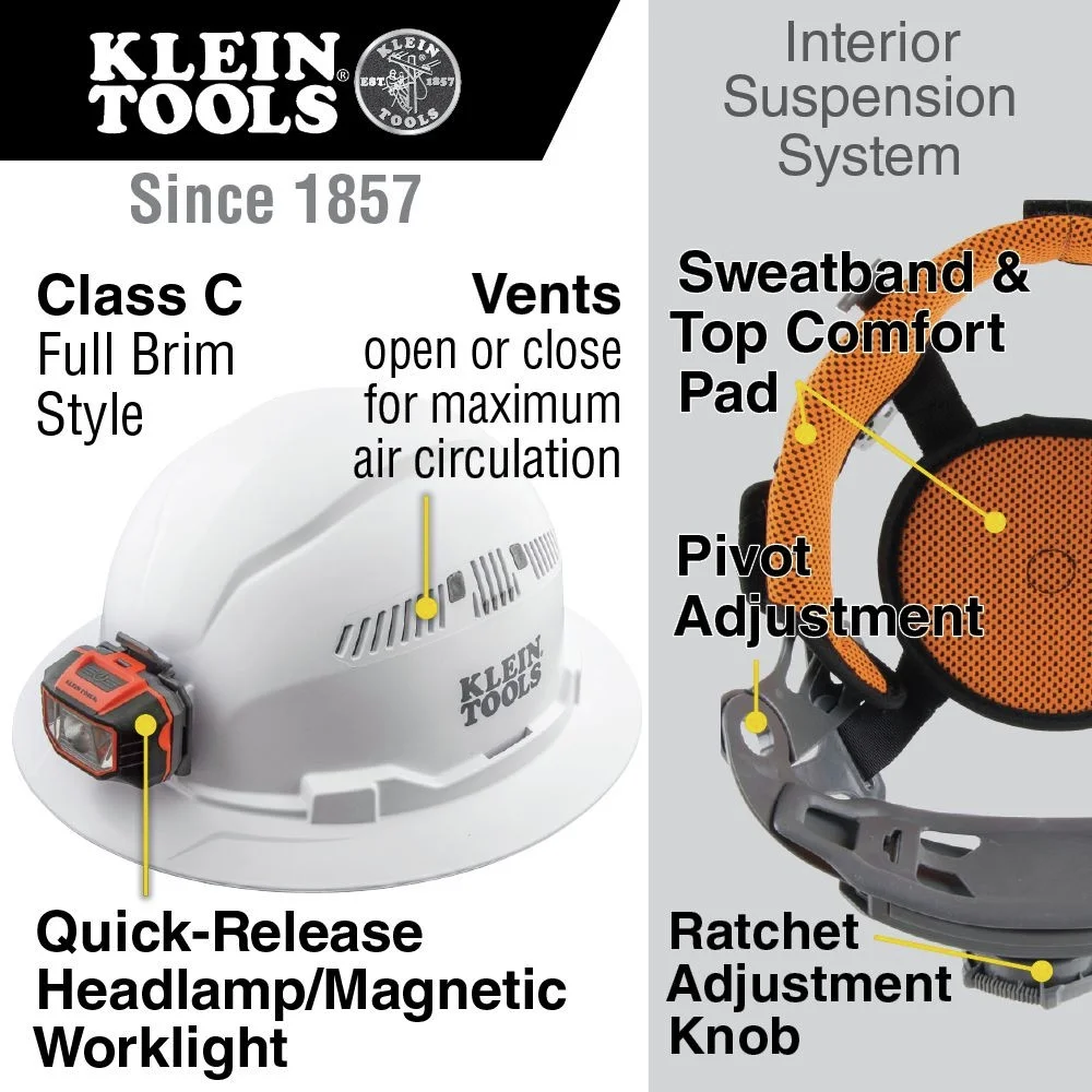 Klein Tools Hard Hat, Vented, Full Brim with Headlamp, 60407