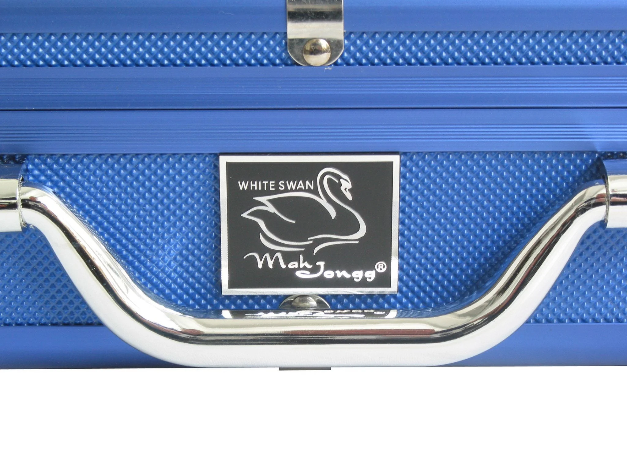 White Swan American Mahjong Set in Luggage-Style Blue Case - White/Blue Tiles - Classic Pusher Arms