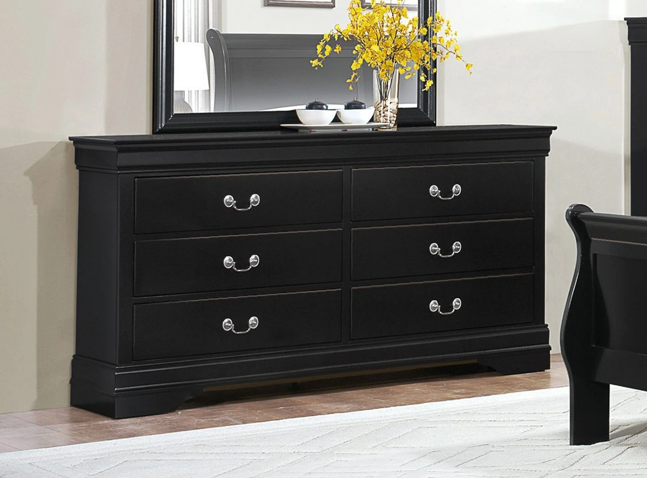Traditional Design Black Finish Dresser of 6x Drawers 1pc Classic Louis Phillippe Style Bedroom Furniture