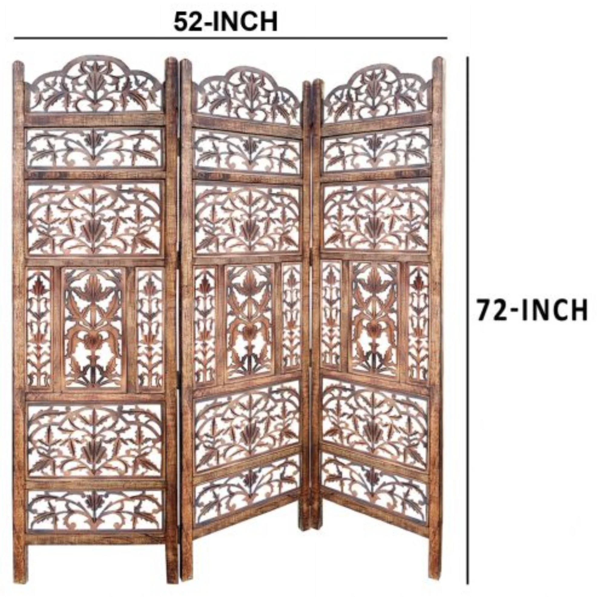 MAICOSY Handcrafted 3 Panel Mango Wood Screen with Cutout Filigree Carvings - Brown