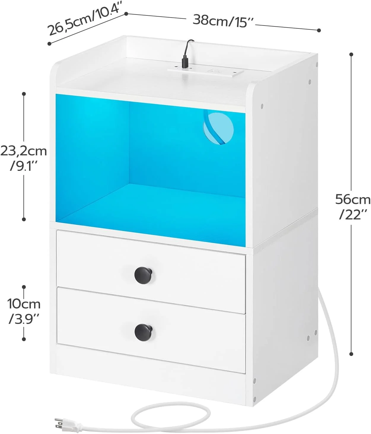 HOOBRO Nightstand with Charging Station End Table with LED Light Strip Side Table with 2 Drawers Bedroom Cloakroom White WT28UDBZ01