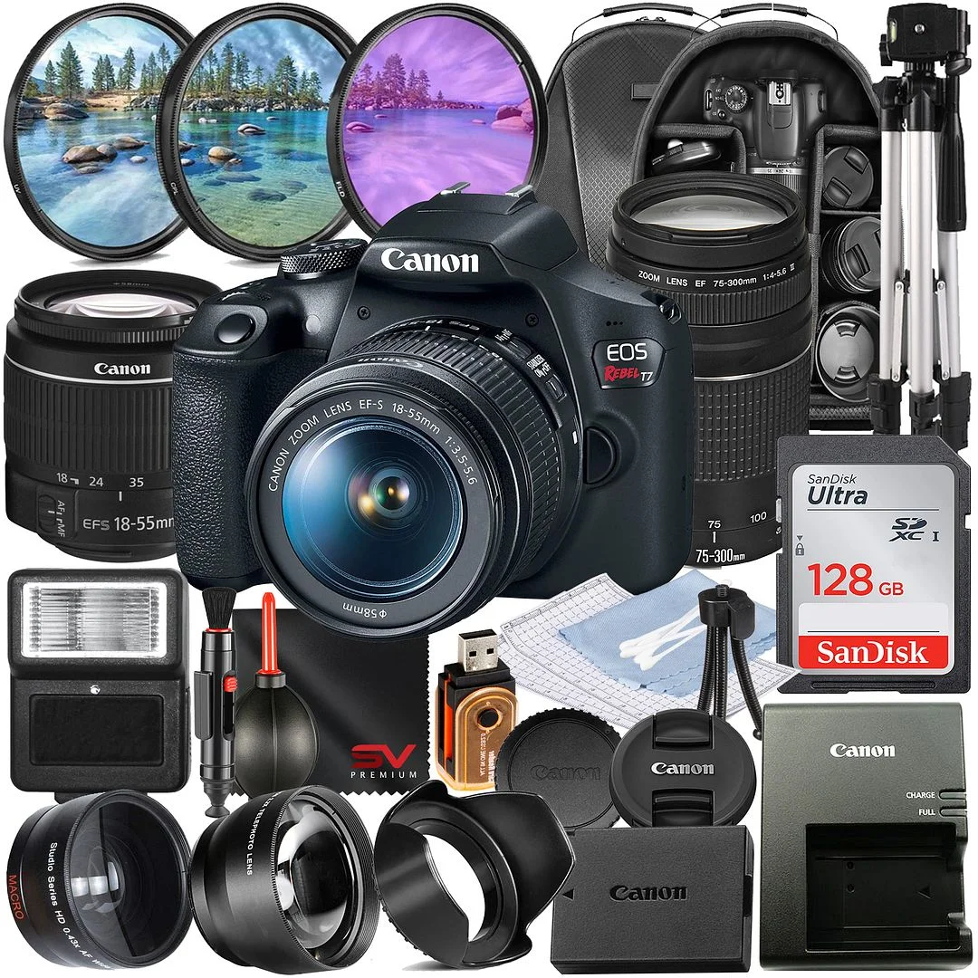 Canon EOS Rebel T7 DSLR Camera with 18-55mm + 75-300mm Zoom Lens + SanDisk 128GB Memory + Tripod + Backpack + SV Premium Accessory Bundle