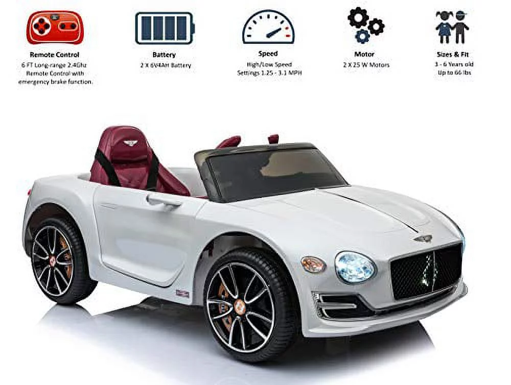 Rock Wheels Licensed Bentley EXP12 Kids Ride on Toy Car, 12V Battery Powered Children Electric 4 Wheels w/ Parent Remote Control, Foot Pedal, 2 Speeds, Music, Aux, LED Headlights (White)