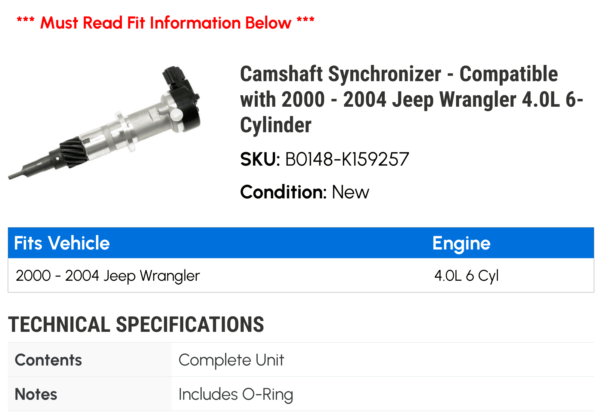 Camshaft Synchronizer - Compatible with 2000 - 2004 Jeep Wrangler 4.0L 6-Cylinder 2001 2002 2003