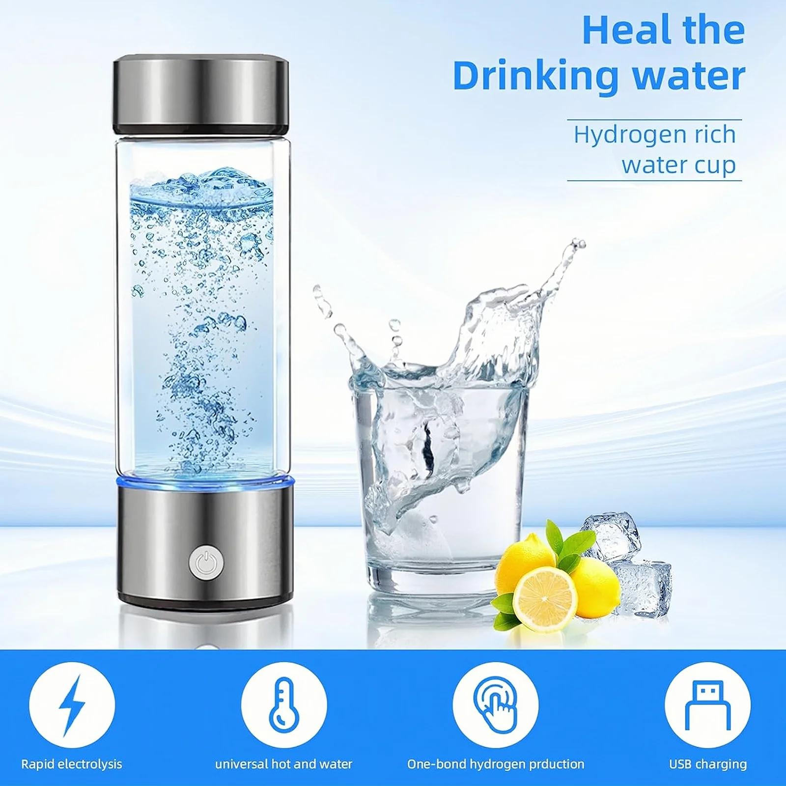HYEASTR Hydrogen Water Bottle with SPE and PEM Technology, Portable Hydrogen Rich Water Ionizer Machine, for Daily Fitness Home Office Travel Drinking - Silver