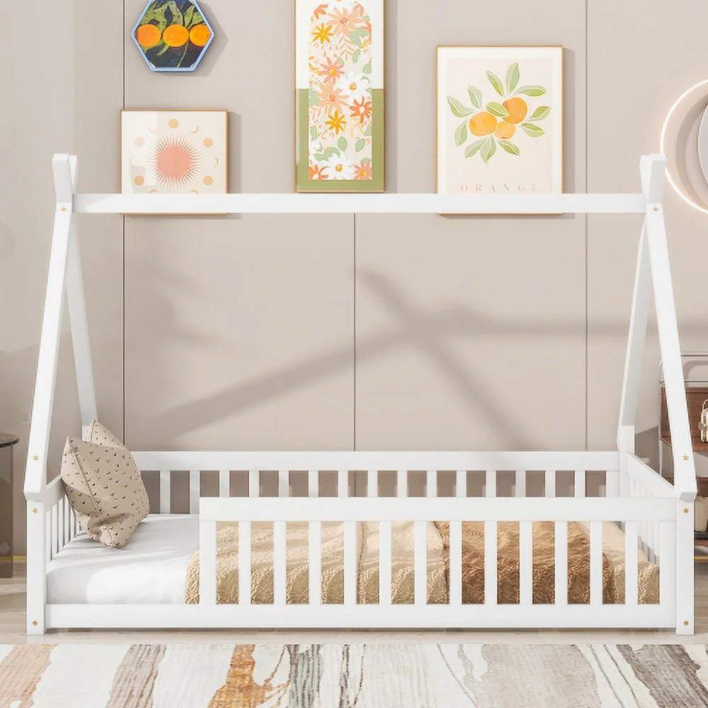 Full Tent-shaped Floor Bed  with Guardrails  Slats  Door  Natural