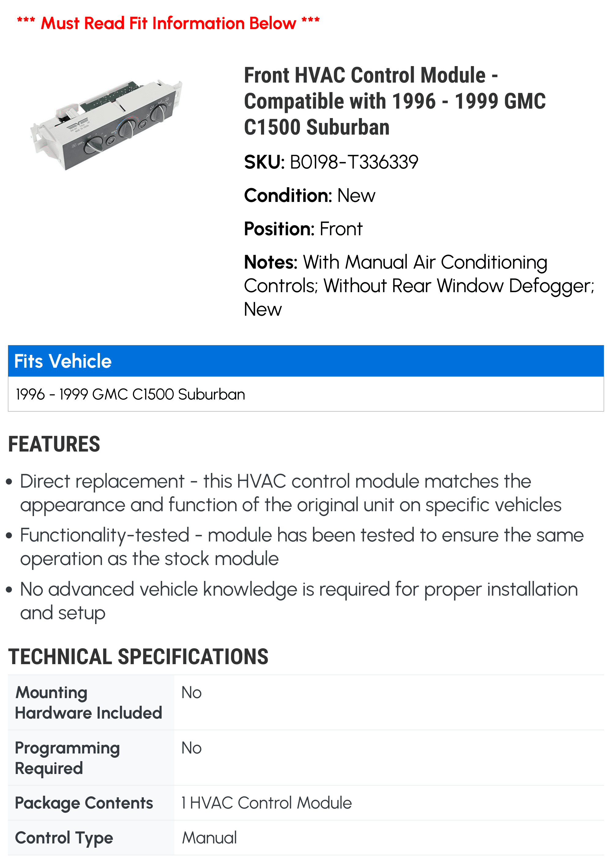 Front HVAC Control Module - Compatible with 1996 - 1999 GMC C1500 Suburban 1997 1998