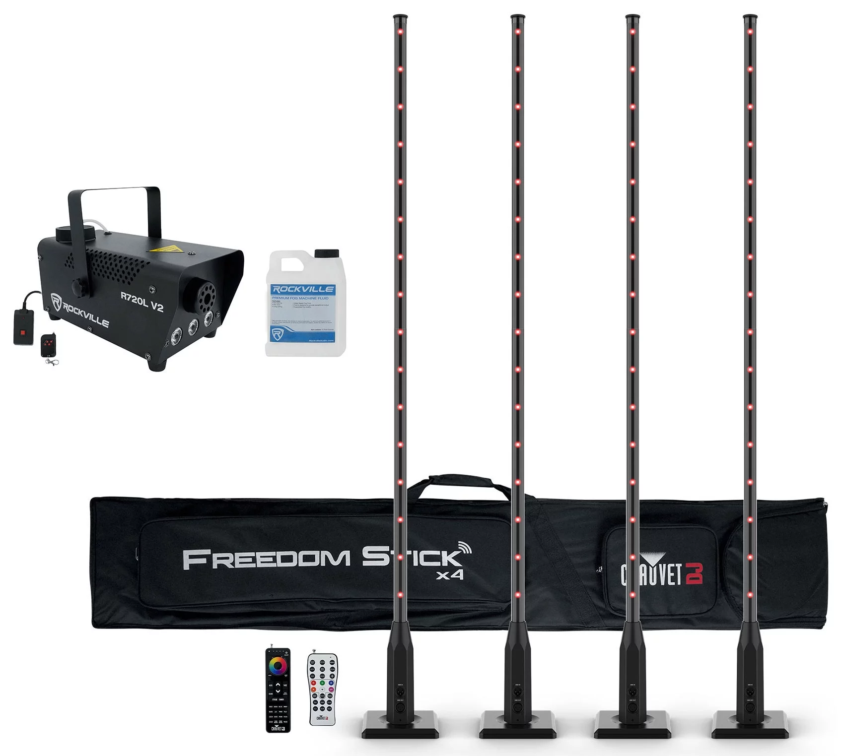 Chauvet Freedom Stick X4 Wireless Battery RF DMX Light Sticks+XL Remote+Fogger