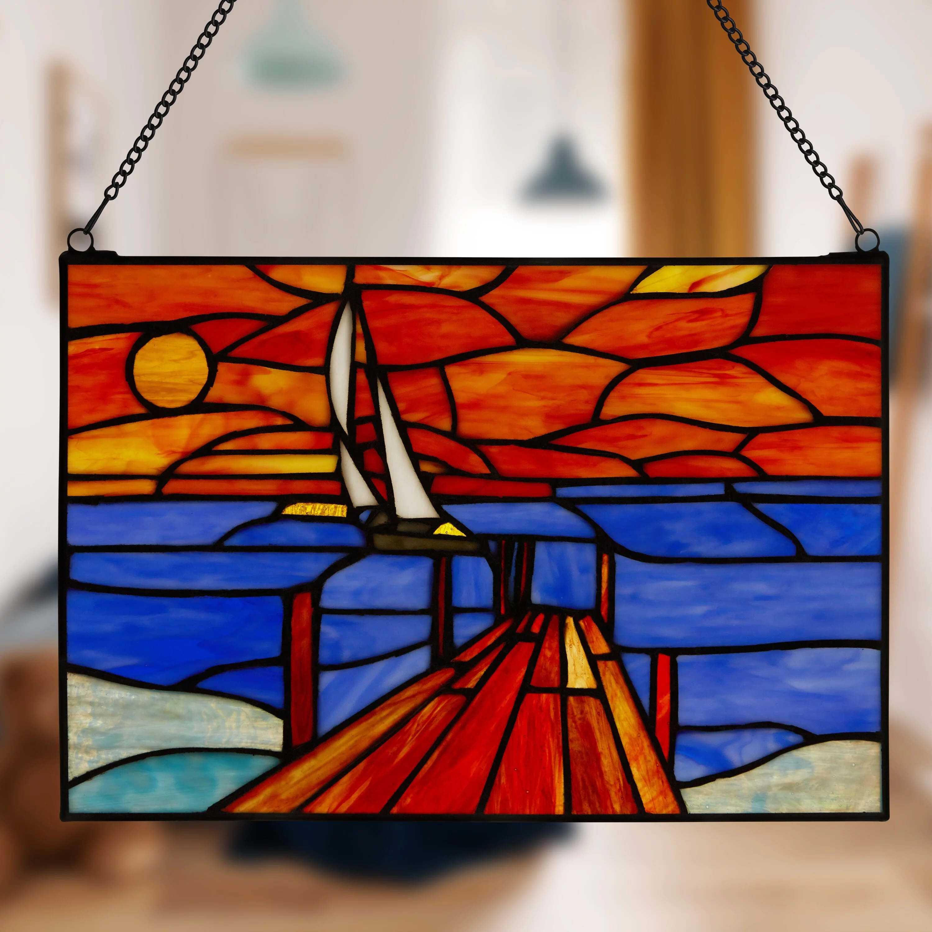 River of Goods  Sailboat at Sunset  Stained Glass Window Panel - 14