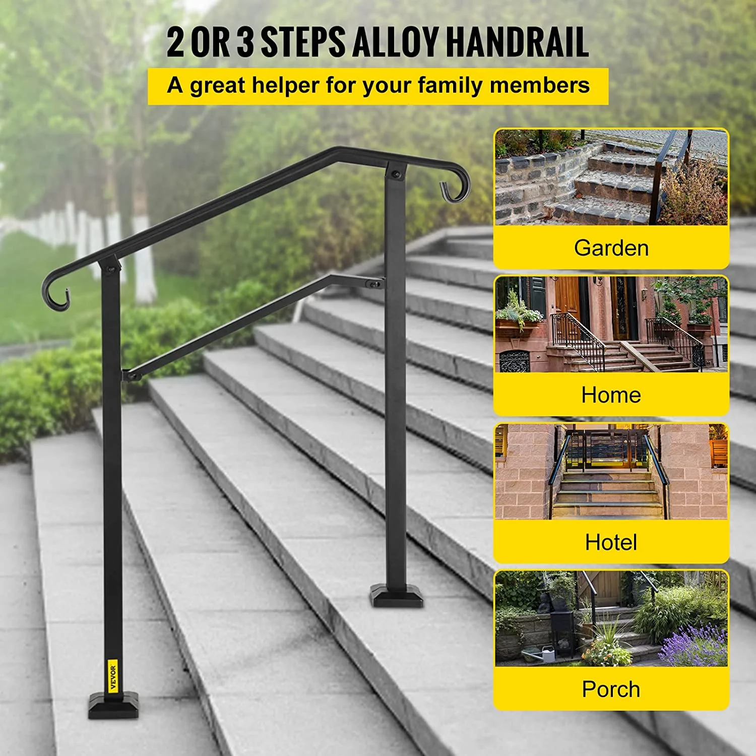 YANPO Outdoor Stair Railing, Fit 2 or 3 Steps Alloy Metal Handrailing, Front Porch Flexible Transitional Handrail, Arch Step Rail with Installation Kit, for Concrete or Wooden Stairs, Black