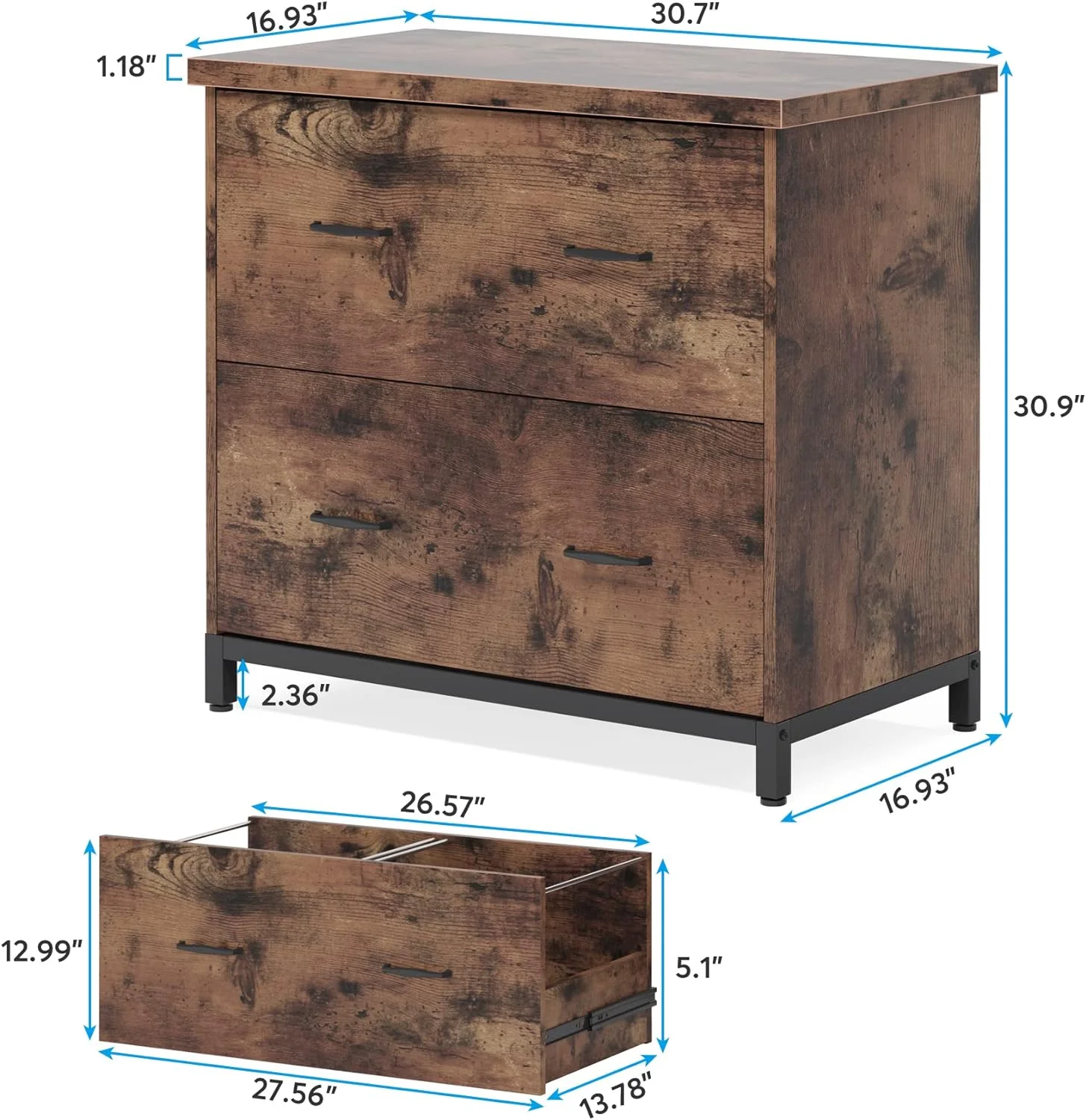 xrboomlife 2-Drawer File Cabinet  Wood Lateral Filing Cabinet  Home Office File Cabinet for A4  Letter Size  Rustic Brown