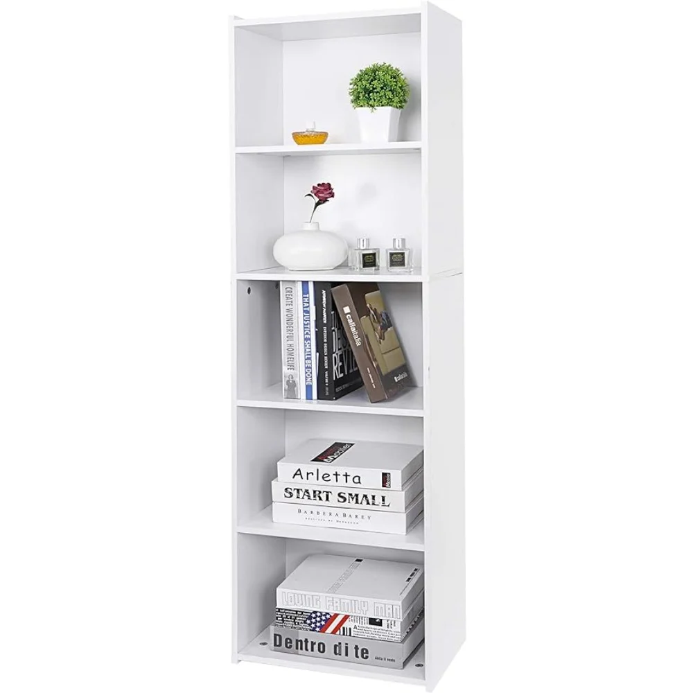 5-Tier Bookshelf Narrow Bookcase Wood Cube Storage Shelf Freestanding Open Shelf Display Storage Organizer for Small Spaces Kids Bedroom Living Room Home Office Apartment, 52 Inch White