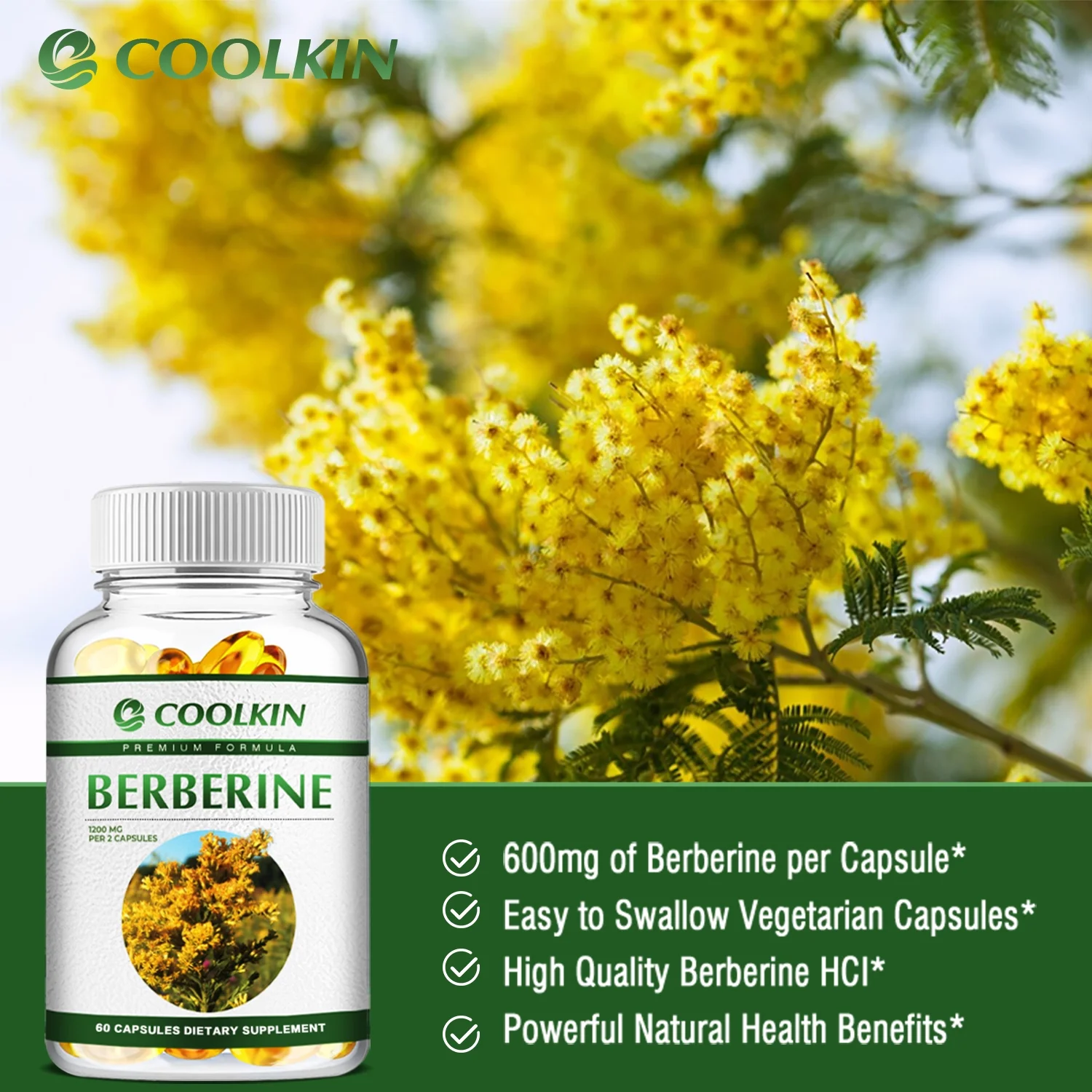 Coolkin Berberine 1200mg - Berberine HCI - Heart Health, Blood Sugar Balance and Control 60 Capsules