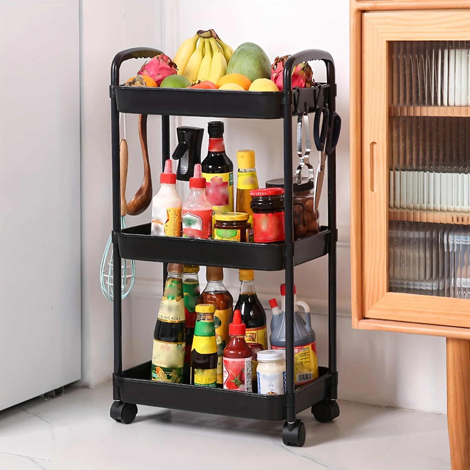 1pc Storage Rack, 3 Tier, With Pulley, Kitchen, Bathroom Shelf, Floor, Multi-Layer, Movable Storage Rack, Bedroom Snack Storage Rack