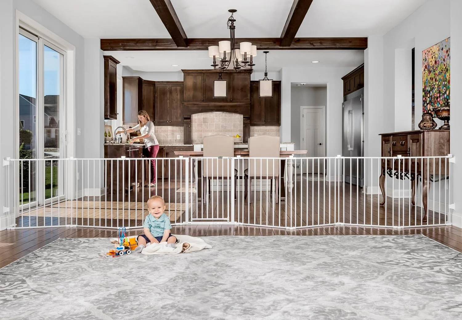 QINBI 192-Inch Super Wide Adjustable Baby Gate and Play Yard, 4-in-1, Bonus Kit, 4 Count (Pack of 1 & Easy Open 47-Inch Super Wide Walk Thru Baby Gate, Bonus Kit