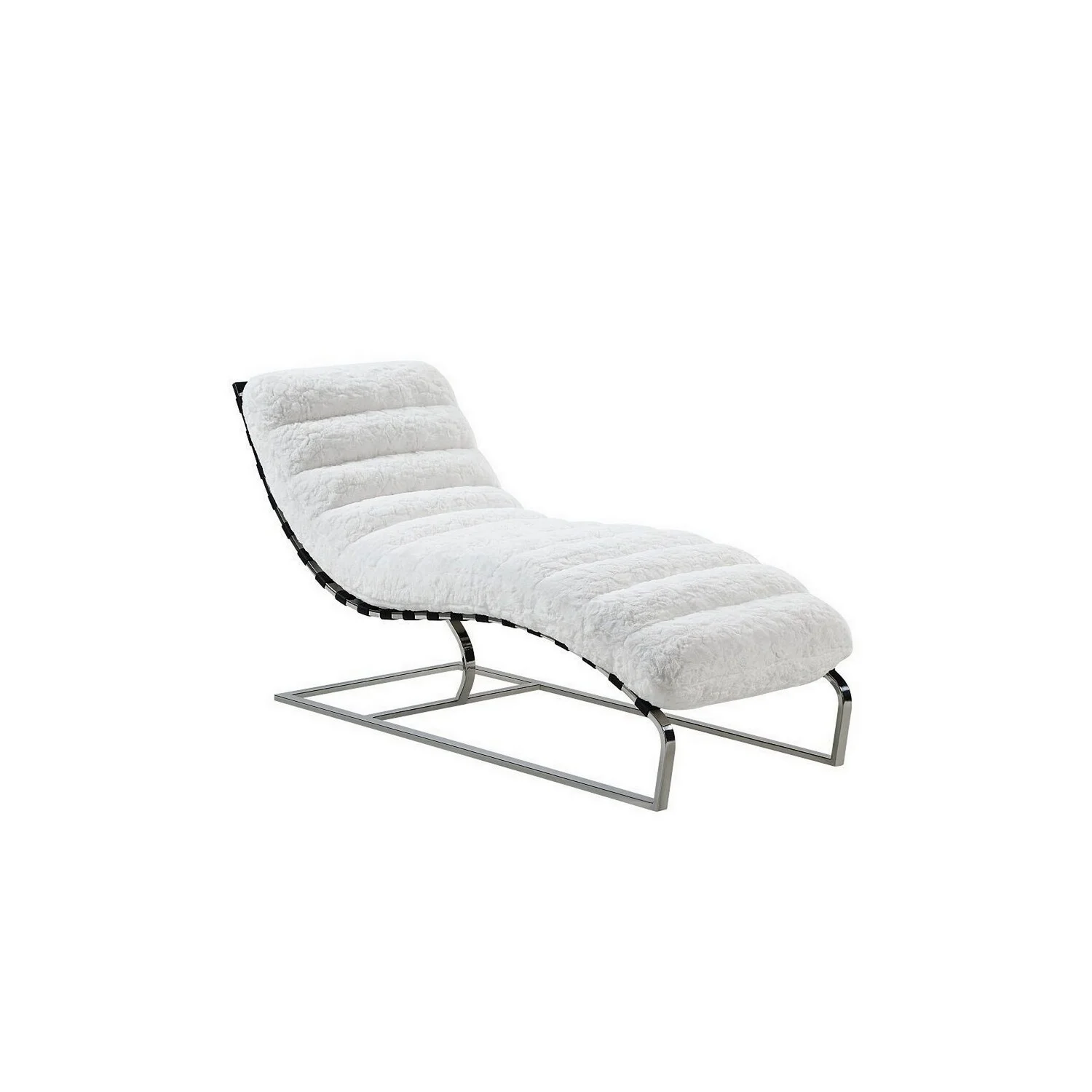 Benjara 60 Inch Chaise Lounger, White Teddy Sherpa Upholstery, Stainless Steel Legs