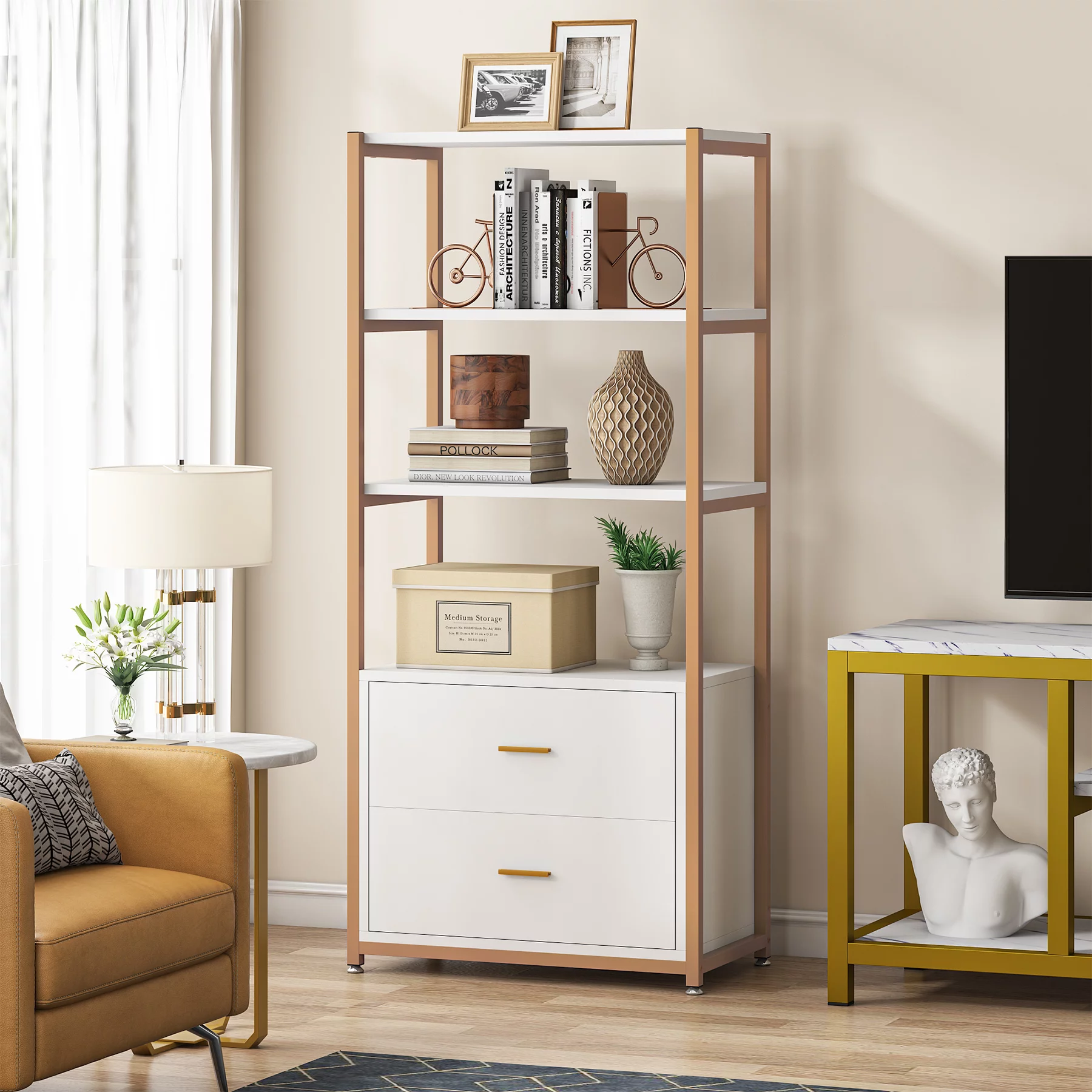 Tribesigns Bookcase, 4-Tier Bookshelf with 2 Drawers, Etagere Standard Book Shelves Display Shelf for Home Office (Gold/White)