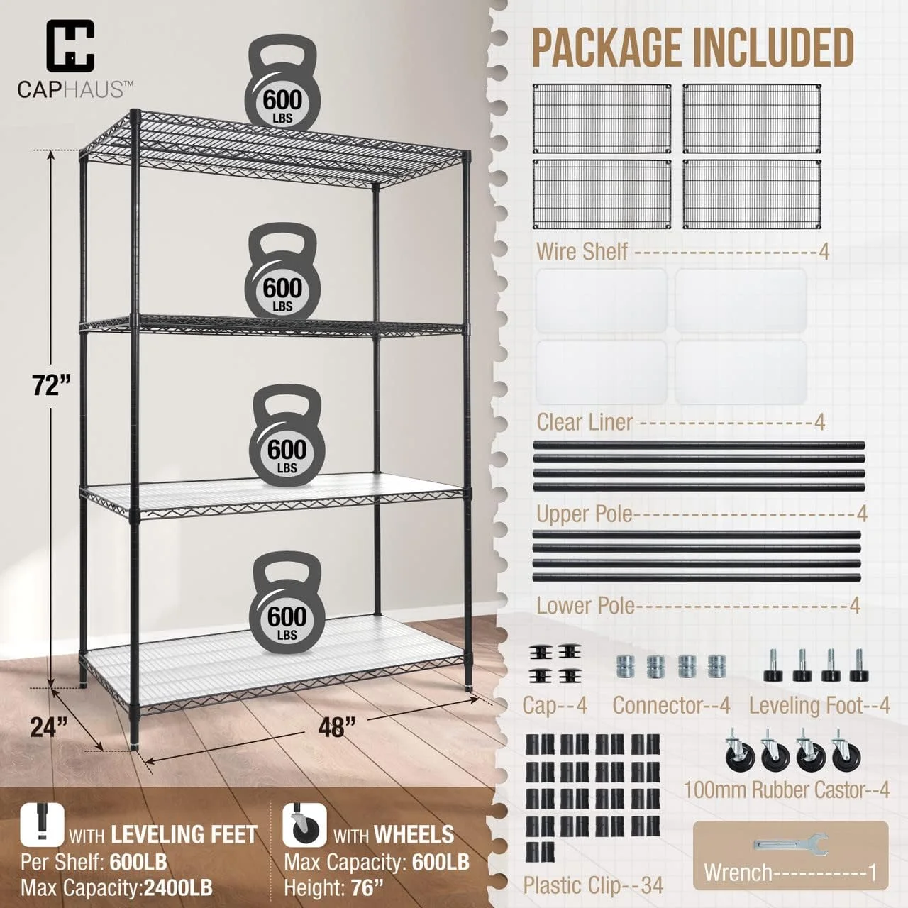 CAPHAUS NSF Commercial Grade Heavy Duty Wire Shelving w/ Wheels, Leveling Feet & Liners, Storage Metal Shelf, Garage Shelving Storage, Utility Wire Rack Storage Shelves, w/ Liner, 48 x 24 x 76 4-Tier