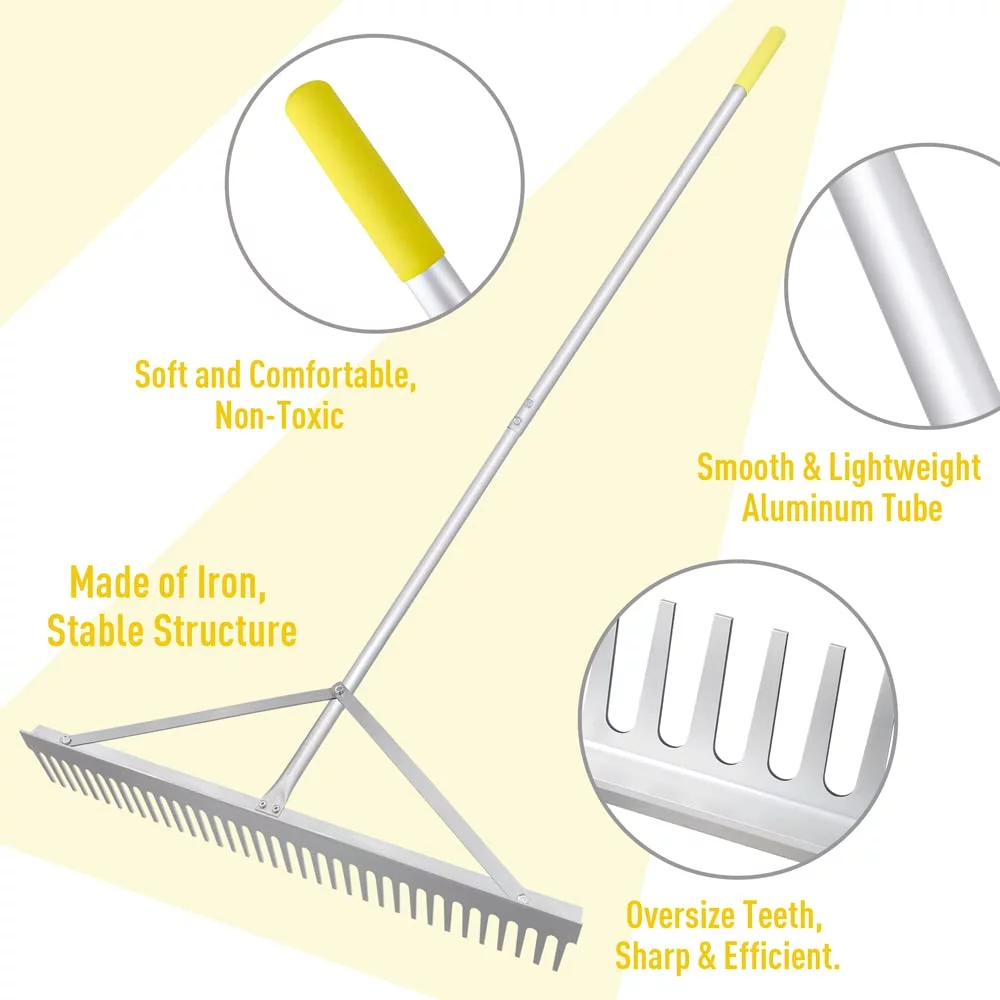 Colwelt Landscape Rake 36'', Aluminum Rake with Lightweight 69'' Handle, Landscaping Rake Tool for Lawn Care, Lake and Beach