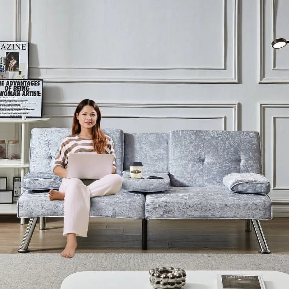 DremFaryoyo Convertible Sofa Bed Adjustable Couch Sleeper Modern Faux Leather Recliner Reversible Loveseat Folding Daybed Guest Bed  Removable Armrests  Cup Holders  3 Angles    Gray