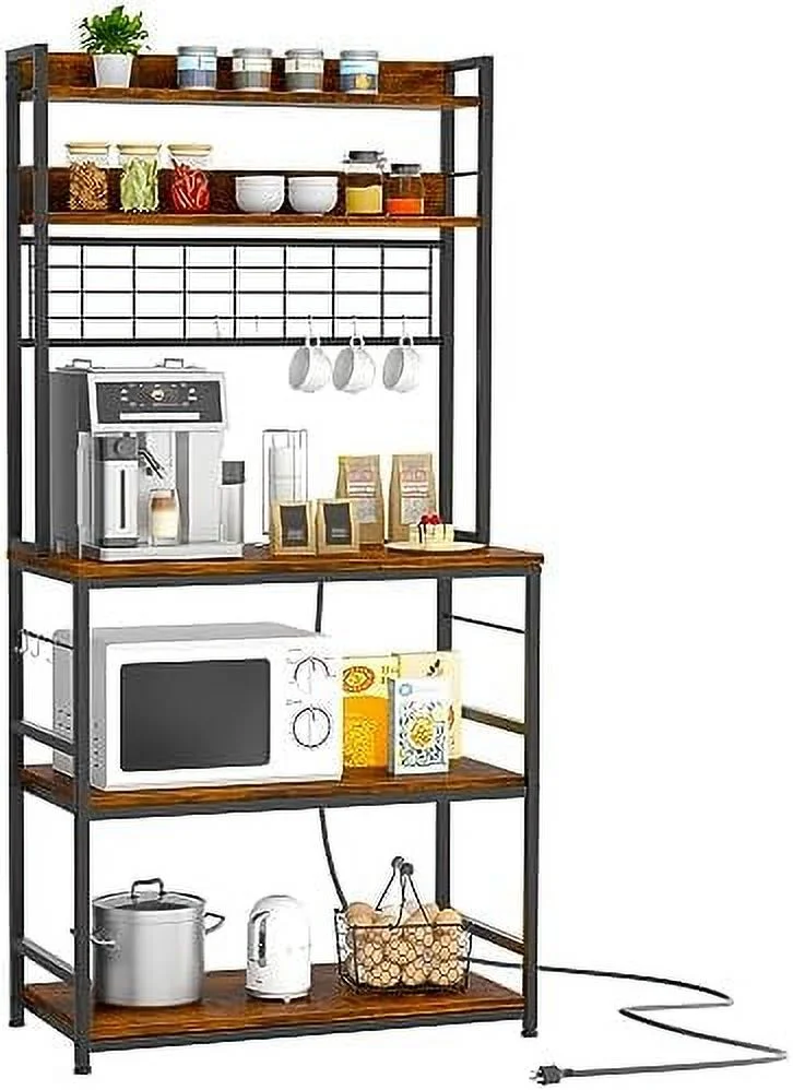 xrboomlife Kitchen Bakers Rack with Power Outlet  Coffee  Cabinet  Kitchen Racks with  Cabinet  5-Tier Microwave Stand with 10 Hooks and Metal Wire Panel (31.5''  Gray)