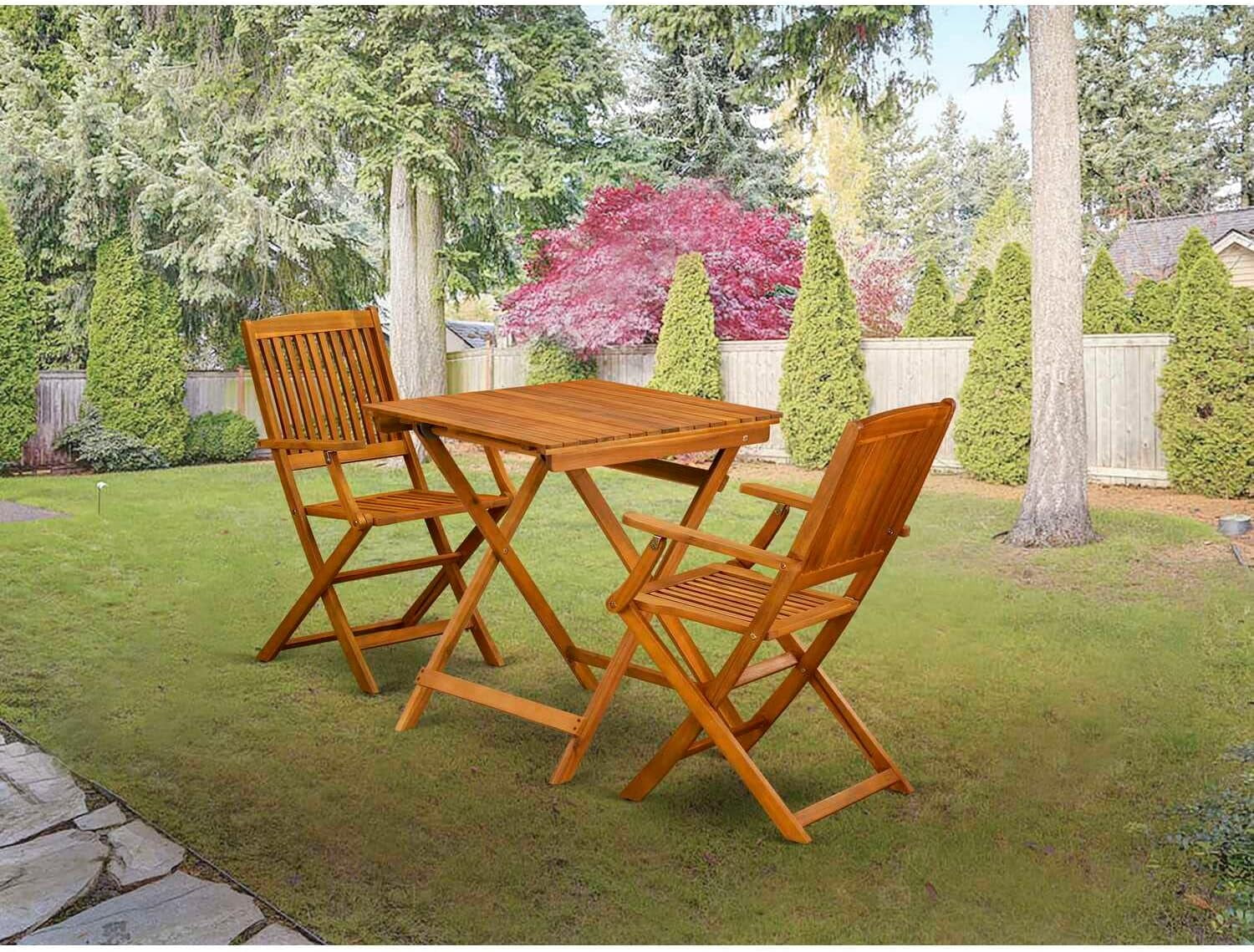 Selma 3 Piece Patio Bistro Set Contains A Square Outdoor Acacia Wood Coffee Table And 2 Folding Arm Chairs, 26X26 Inch, Natural Oil