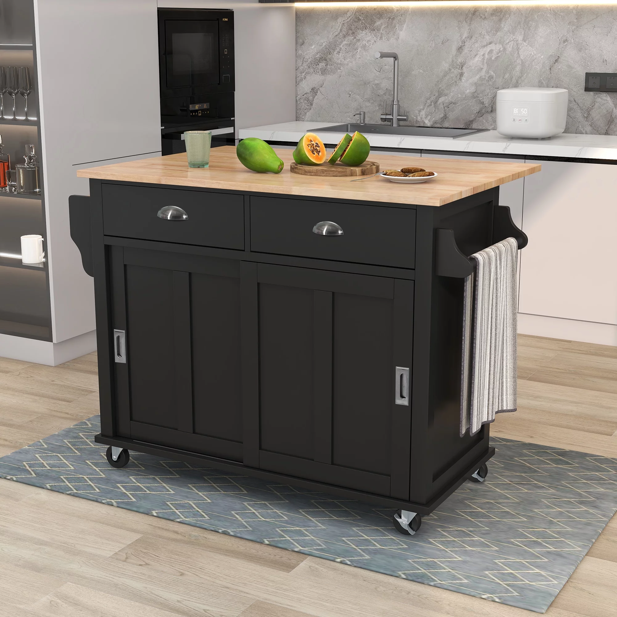 Kitchen Cart with Rubber Wood Drop-Leaf Countertop and Concealed Sliding Barn Door, Kitchen Island with Storage Cabinet and 2 Drawers, Black