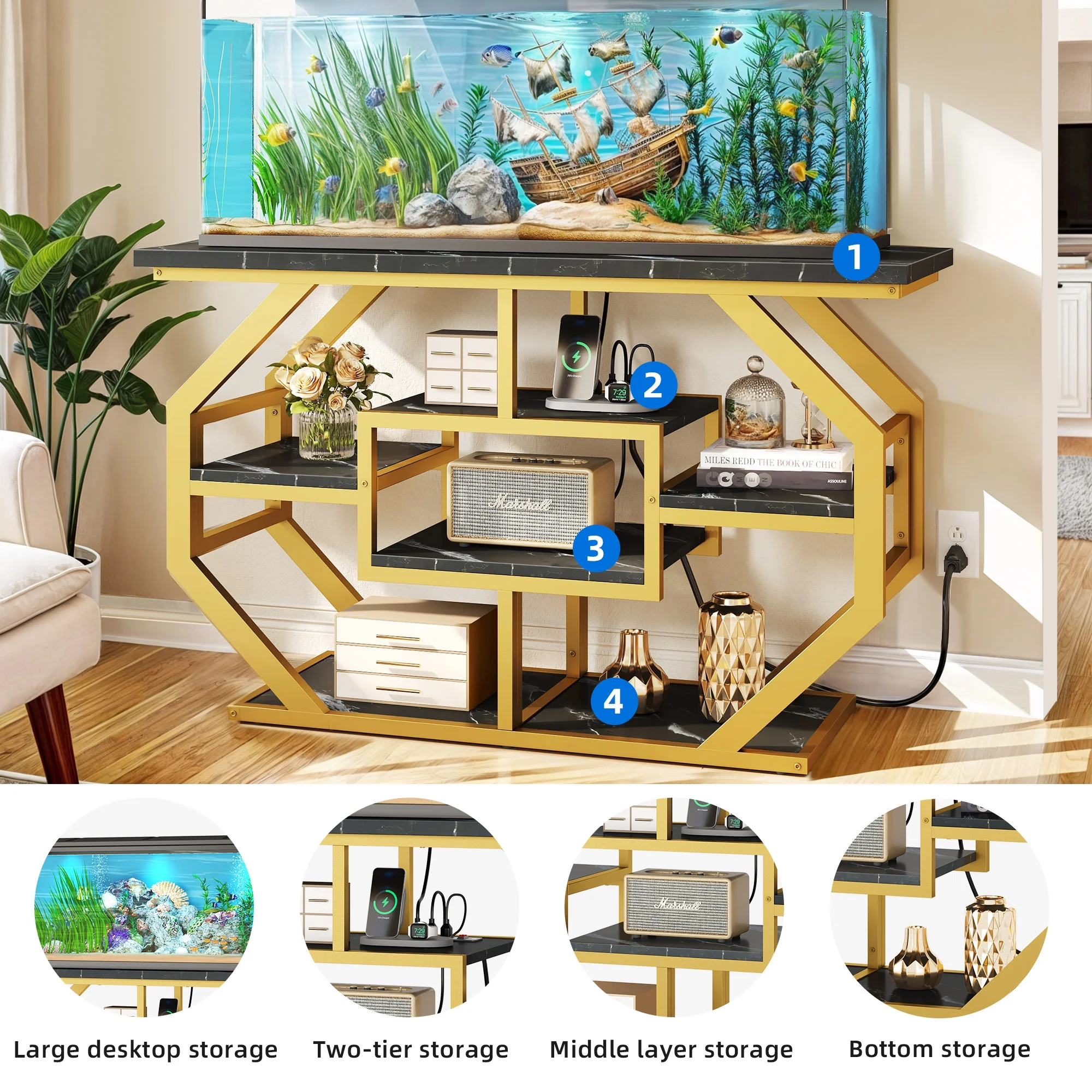 Dextrus Heavy Duty Metal Aquarium Stand with Power Outlets - Suitable for 55-75 Gallon Fish Tank Stand, Turtle Tank, Reptile Terrarium (865lbs Capacity) - Black & Gold
